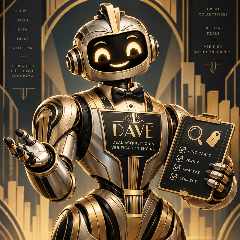 DAVE, the Deal Acquisition & Verification Engine: an art deco robot concierge holding a checklist reading Find deals, Verify, Analyze, Collect